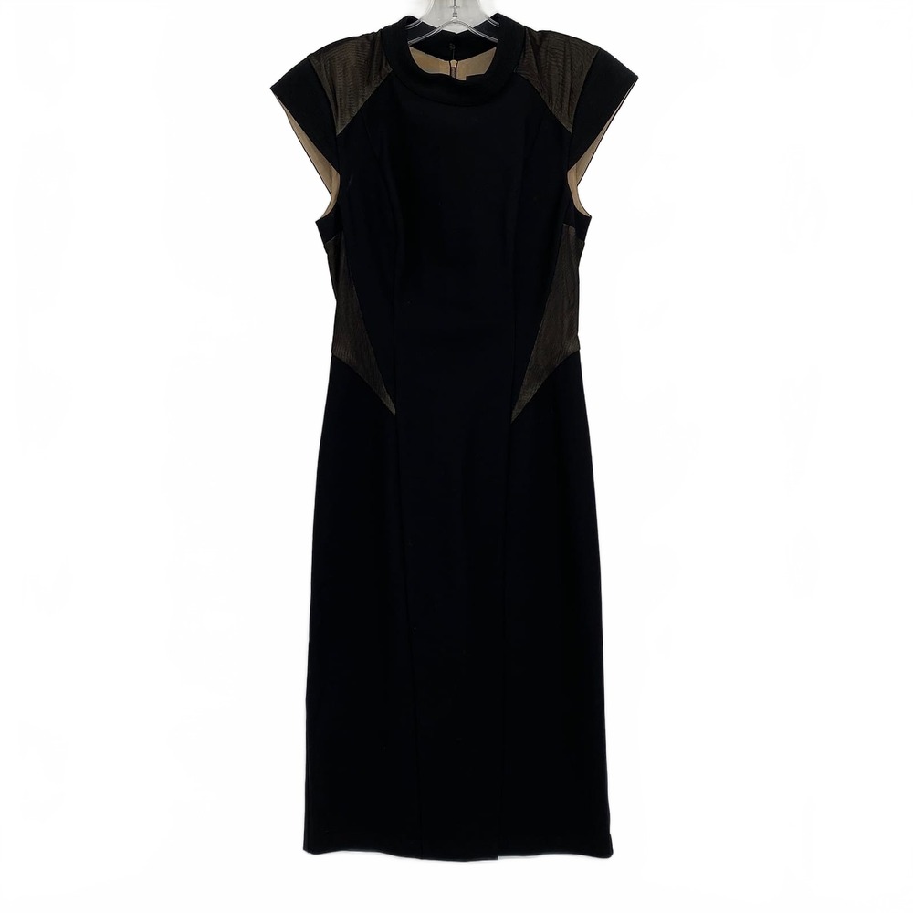 ABS Allen Schwartz Black Mesh Accent Pencil Midi Dress | Womens S